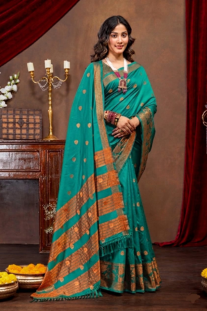 Emerald Green Traditional Cotton Silk Saree with Copper Zari Border
