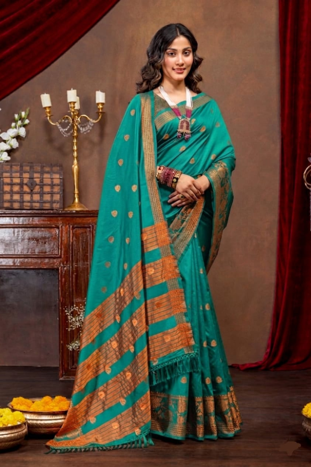Emerald Green Traditional Cotton Silk Saree with Copper Zari Border