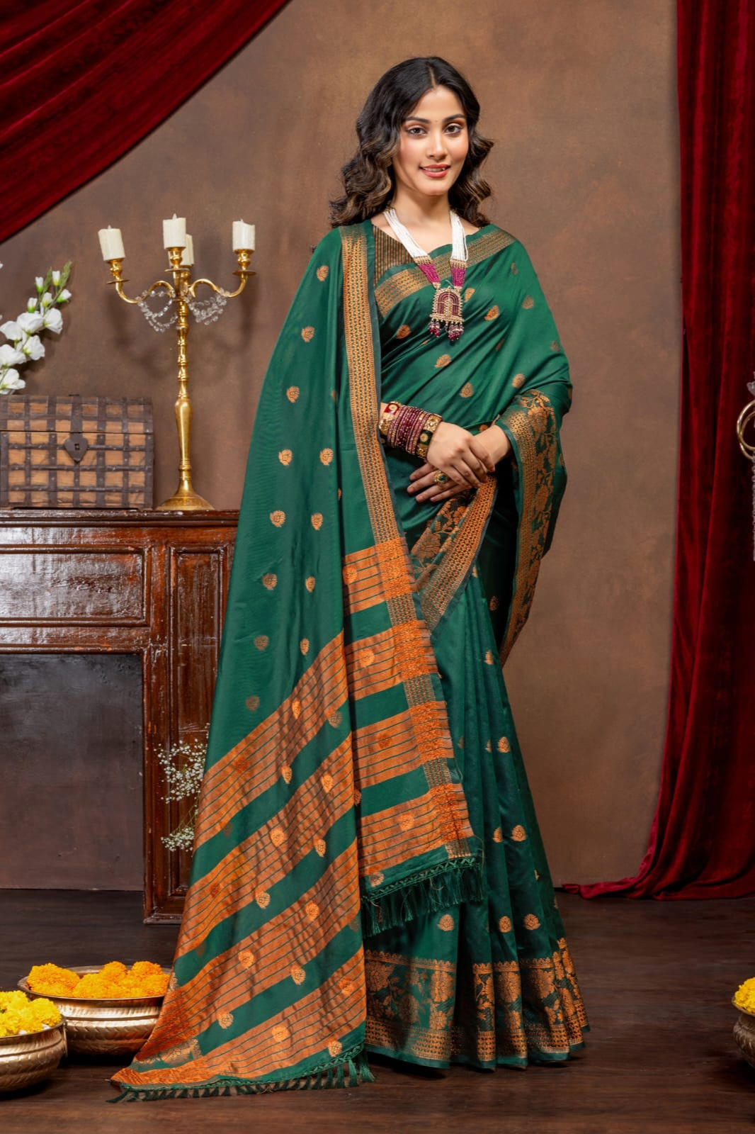 Emerald Green Traditional Cotton Silk Saree with Copper Zari Border - Image 5