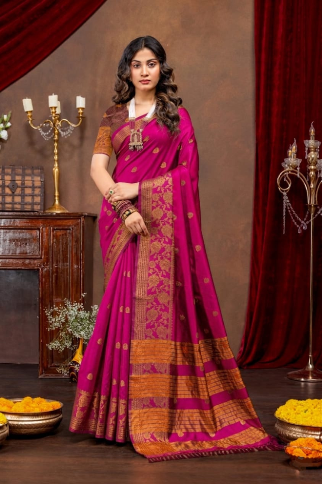 Emerald Green Traditional Cotton Silk Saree with Copper Zari Border - Image 3